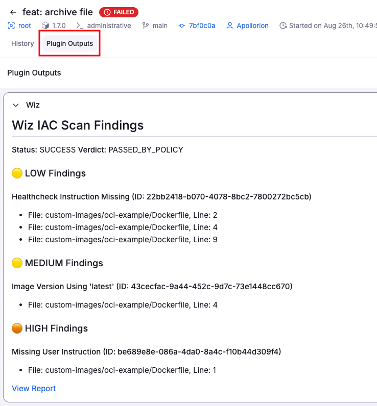 Plugin outputs in run details