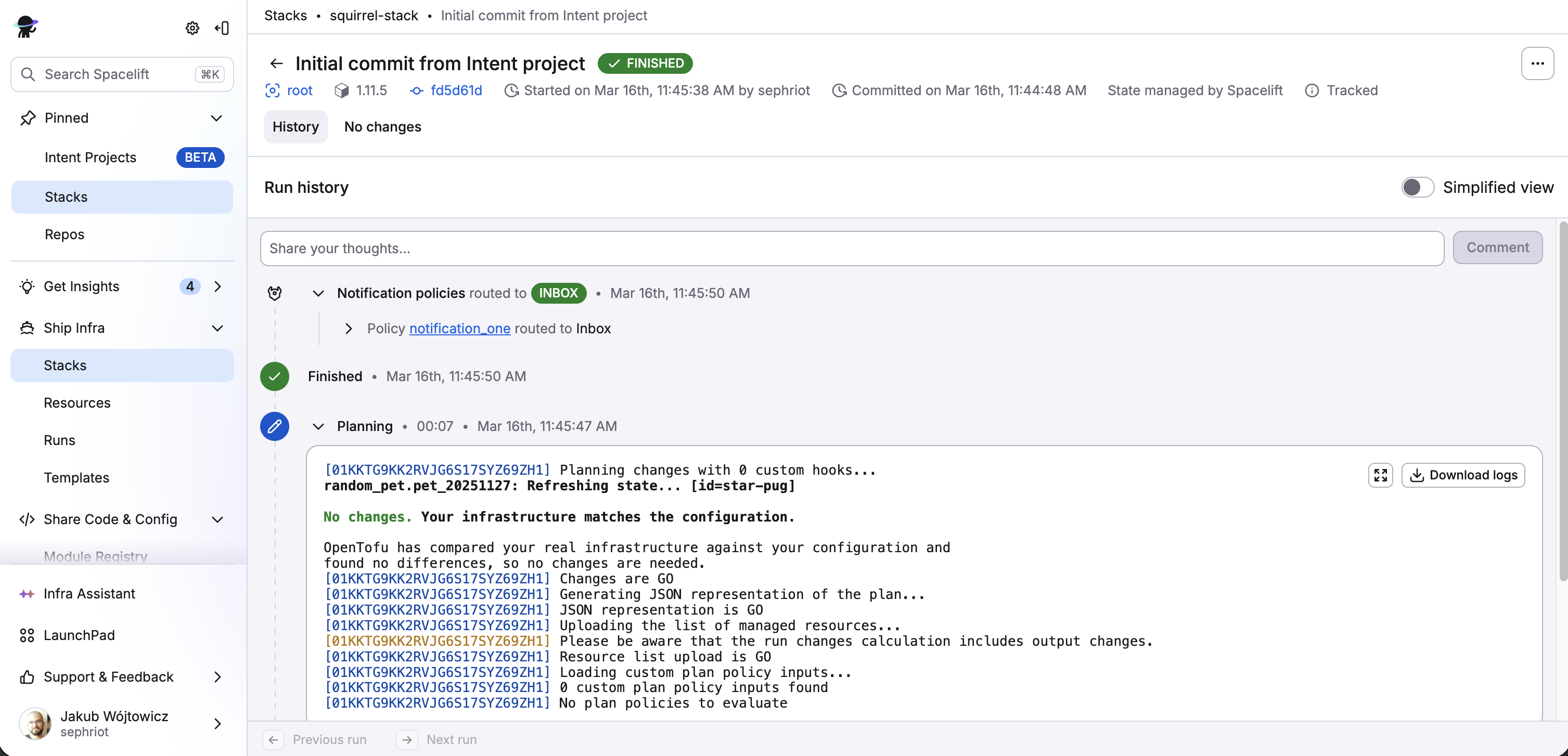 Tracked run with zero changes after transition