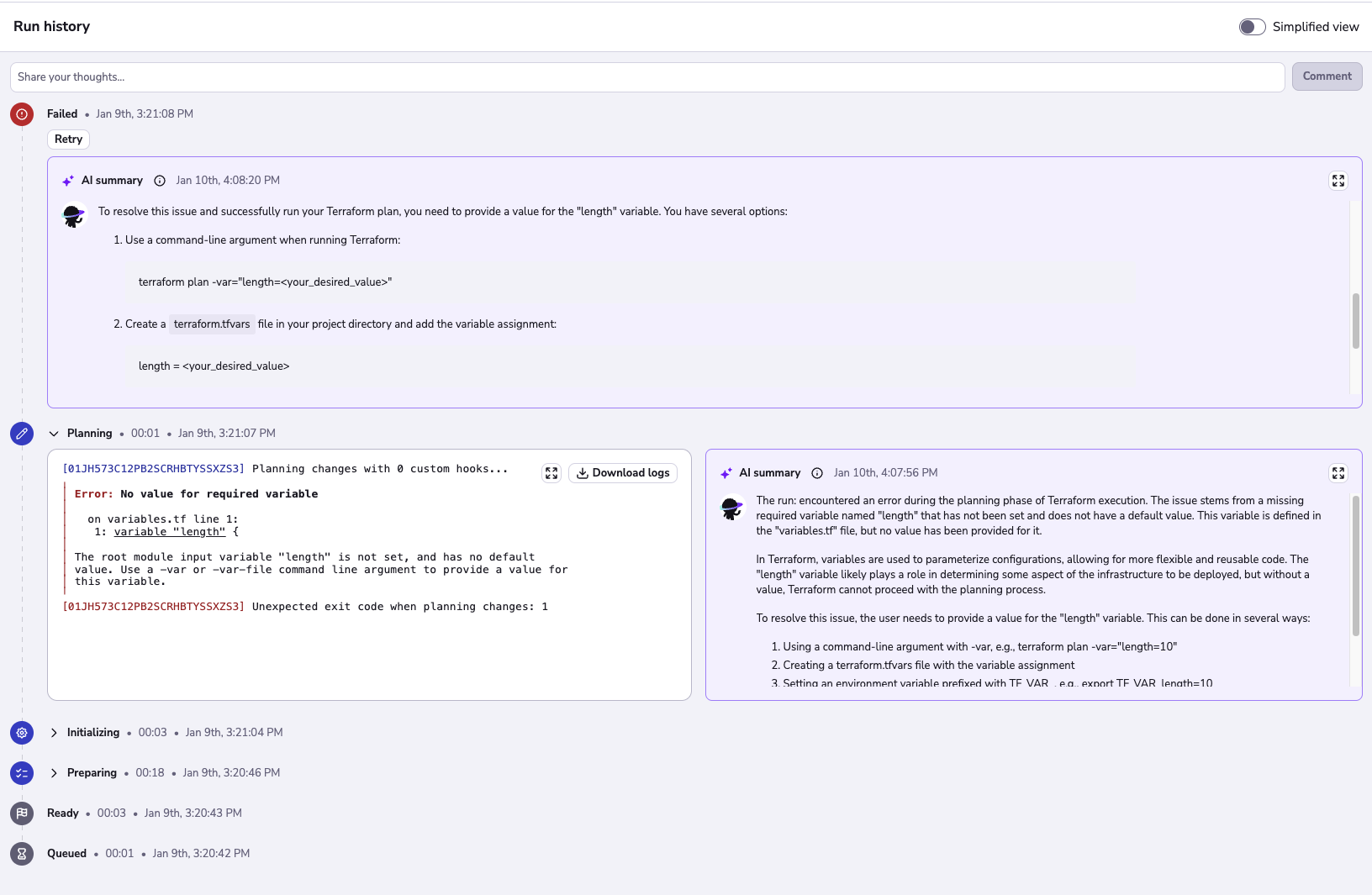 Results of the Explain summary
