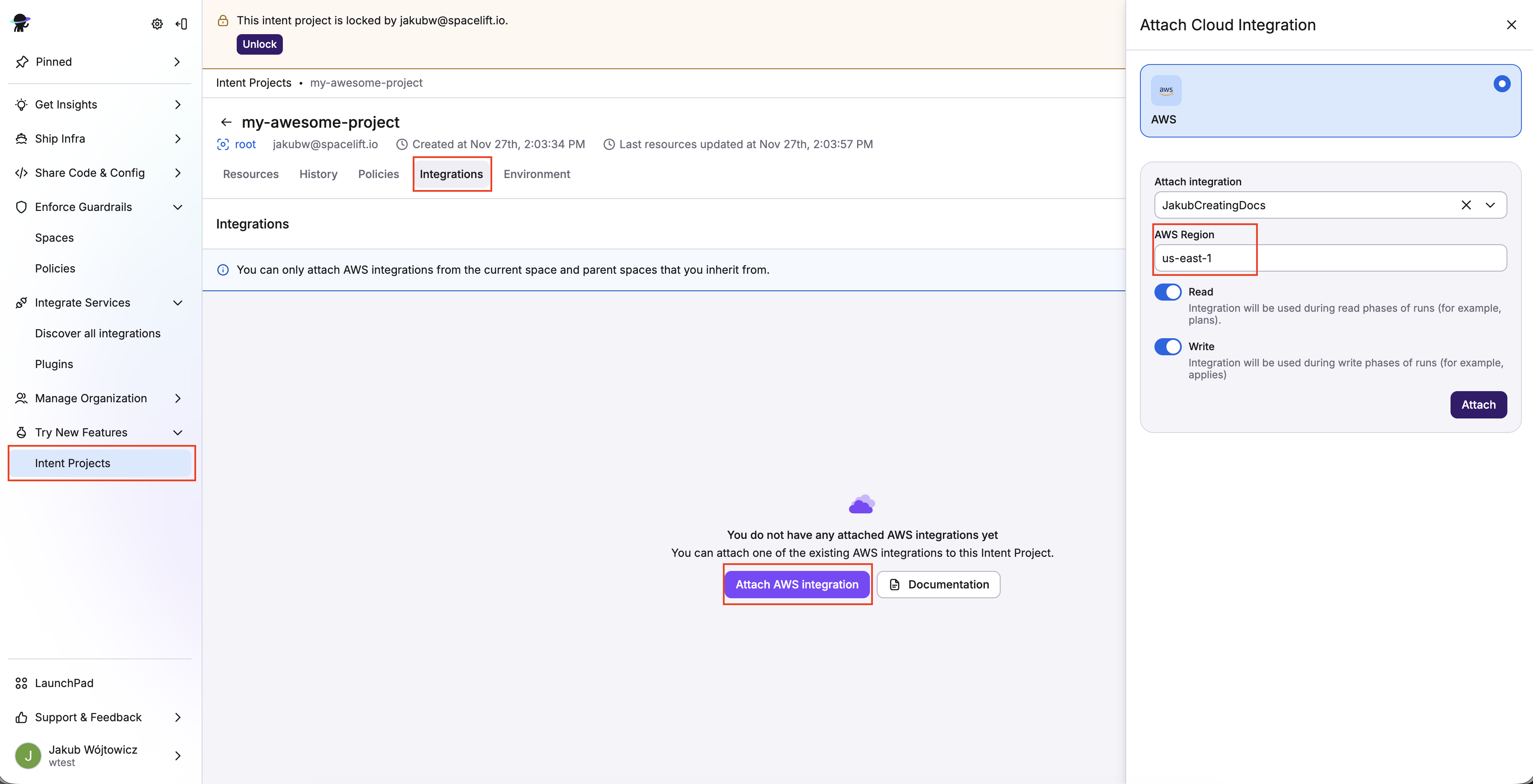 Attaching AWS integration to the project
