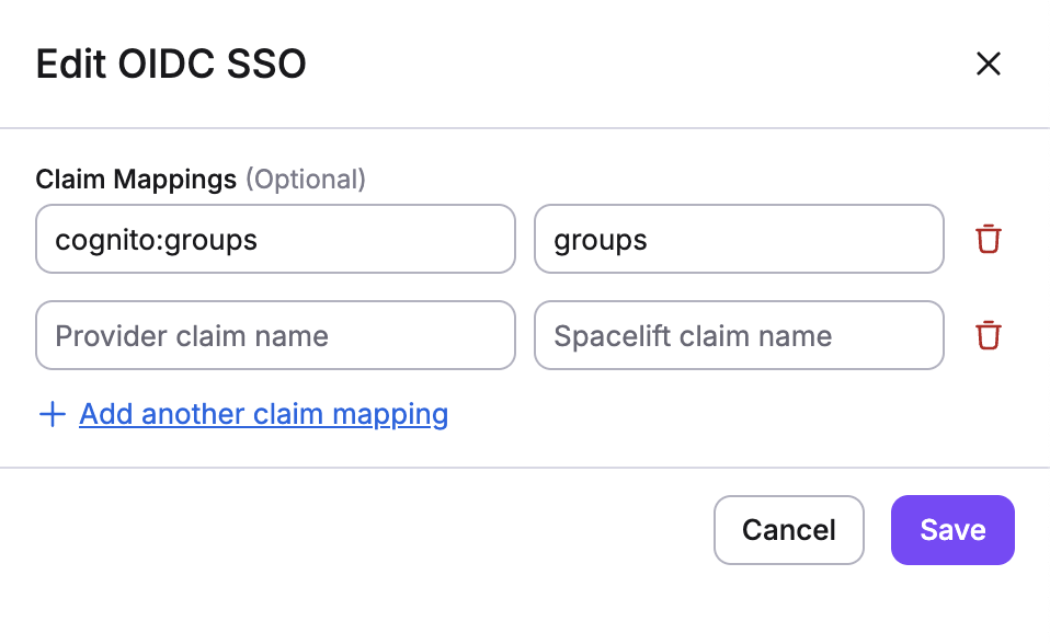 Screenshot: OIDC configuration page showing custom claims mapping section