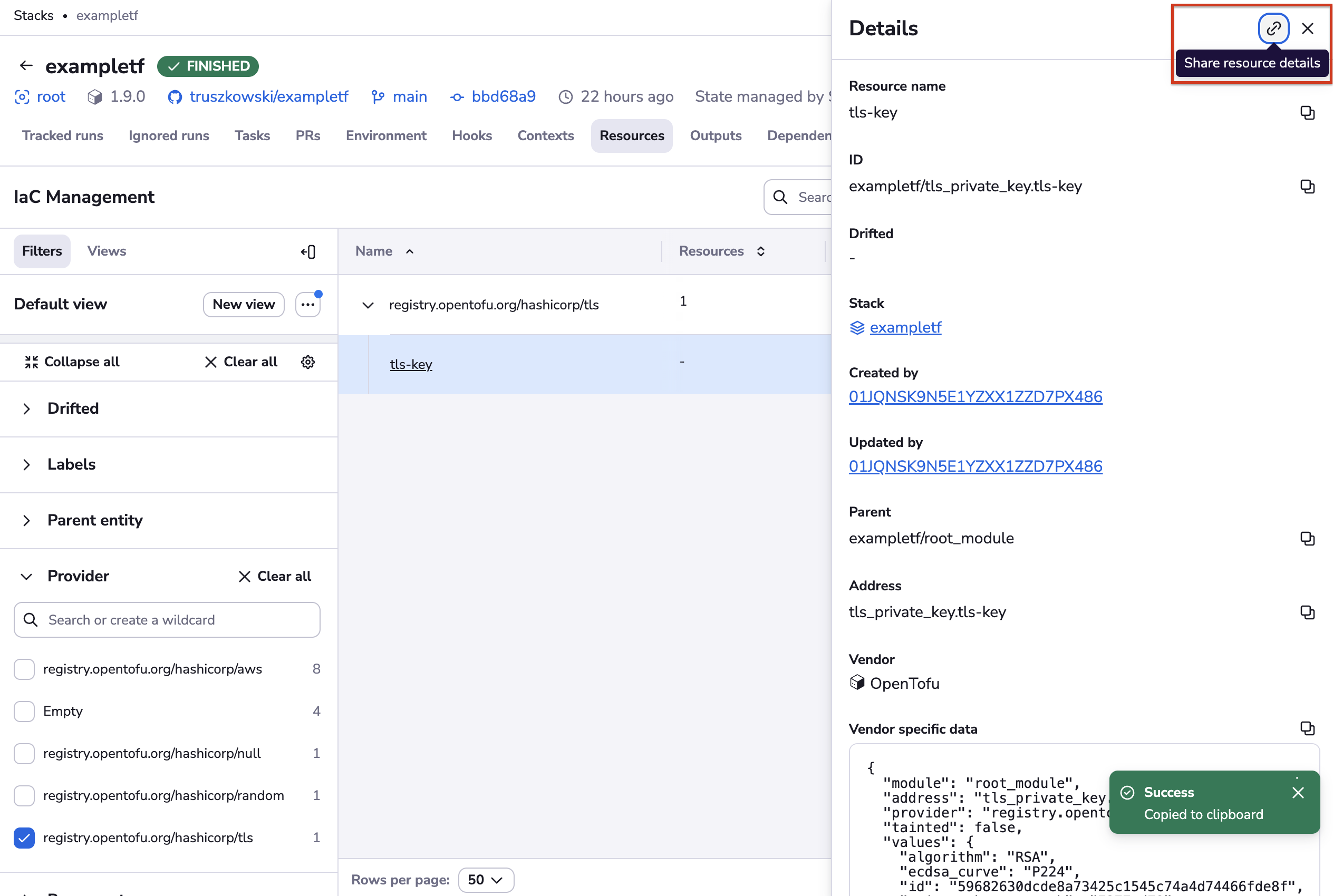 Share resources in details drawer