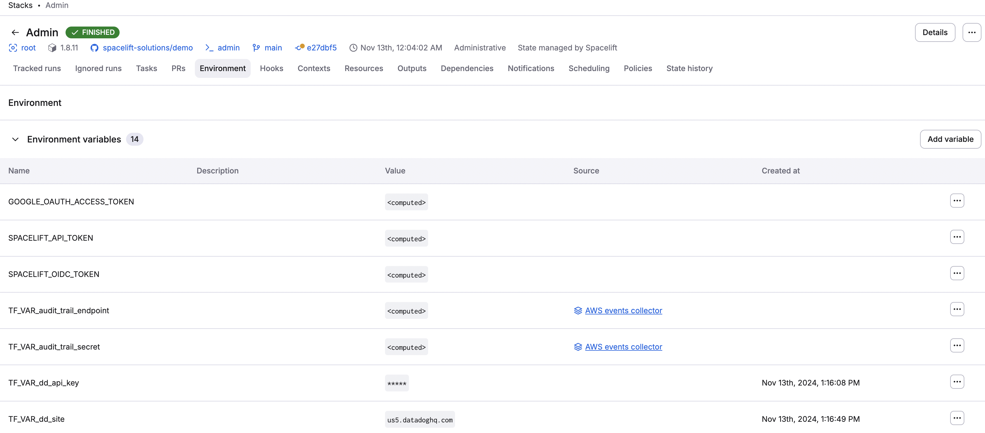 Stack environment view