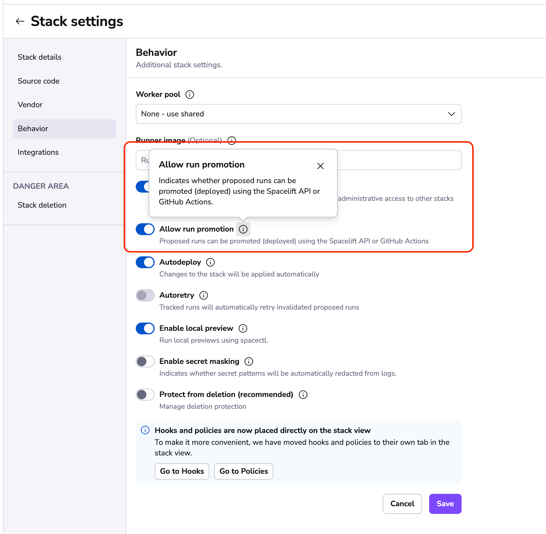 Enable the Allow run promotion feature in stack settings