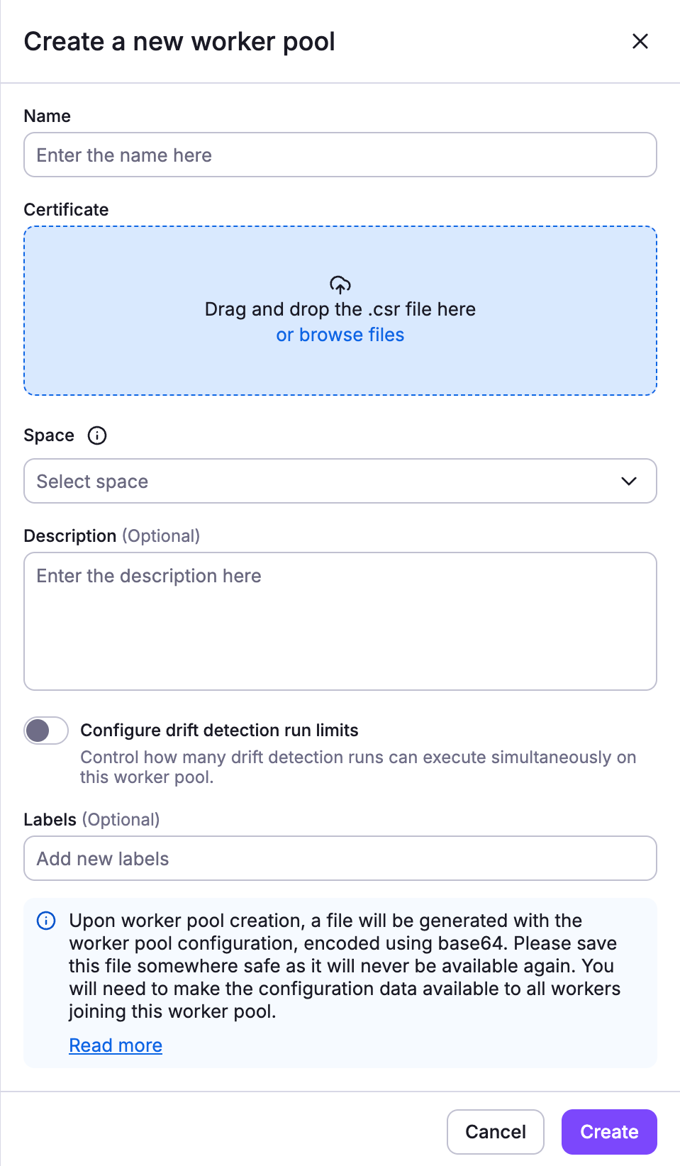 Upload the certificate you generated previously and create a worker pool