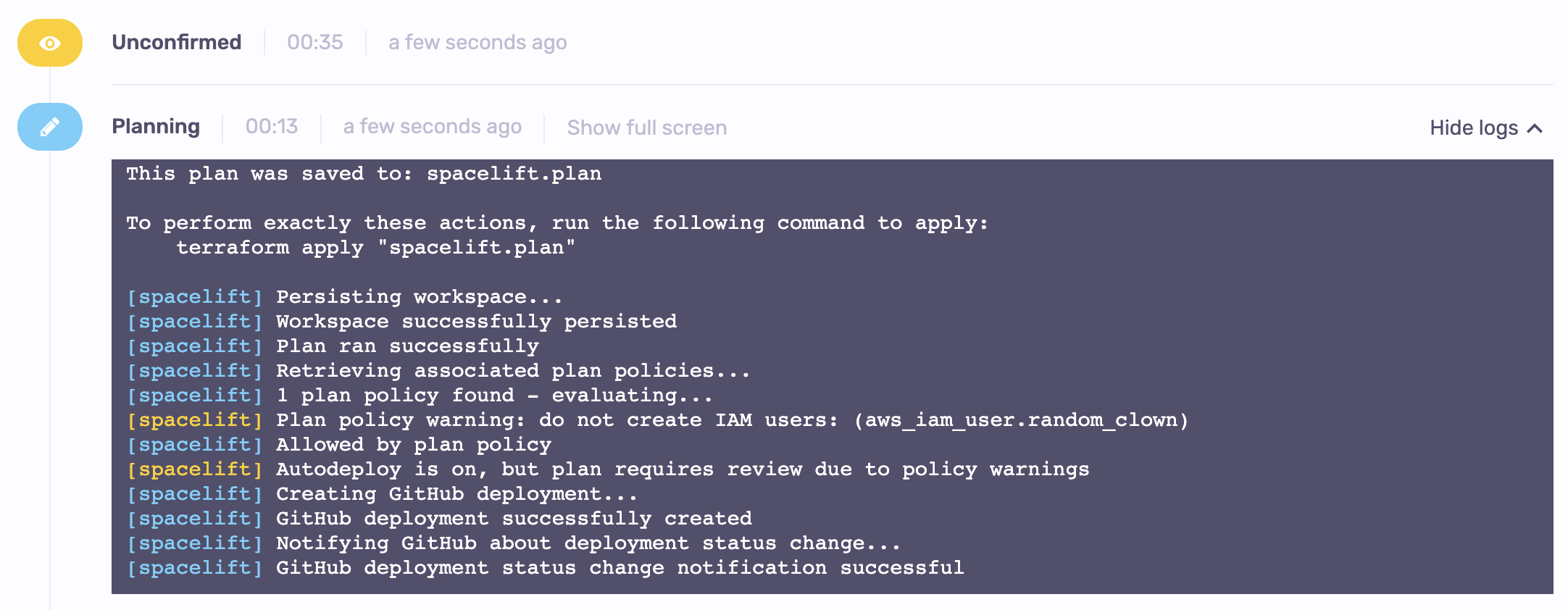 Plan policy stopping the run to wait for human user