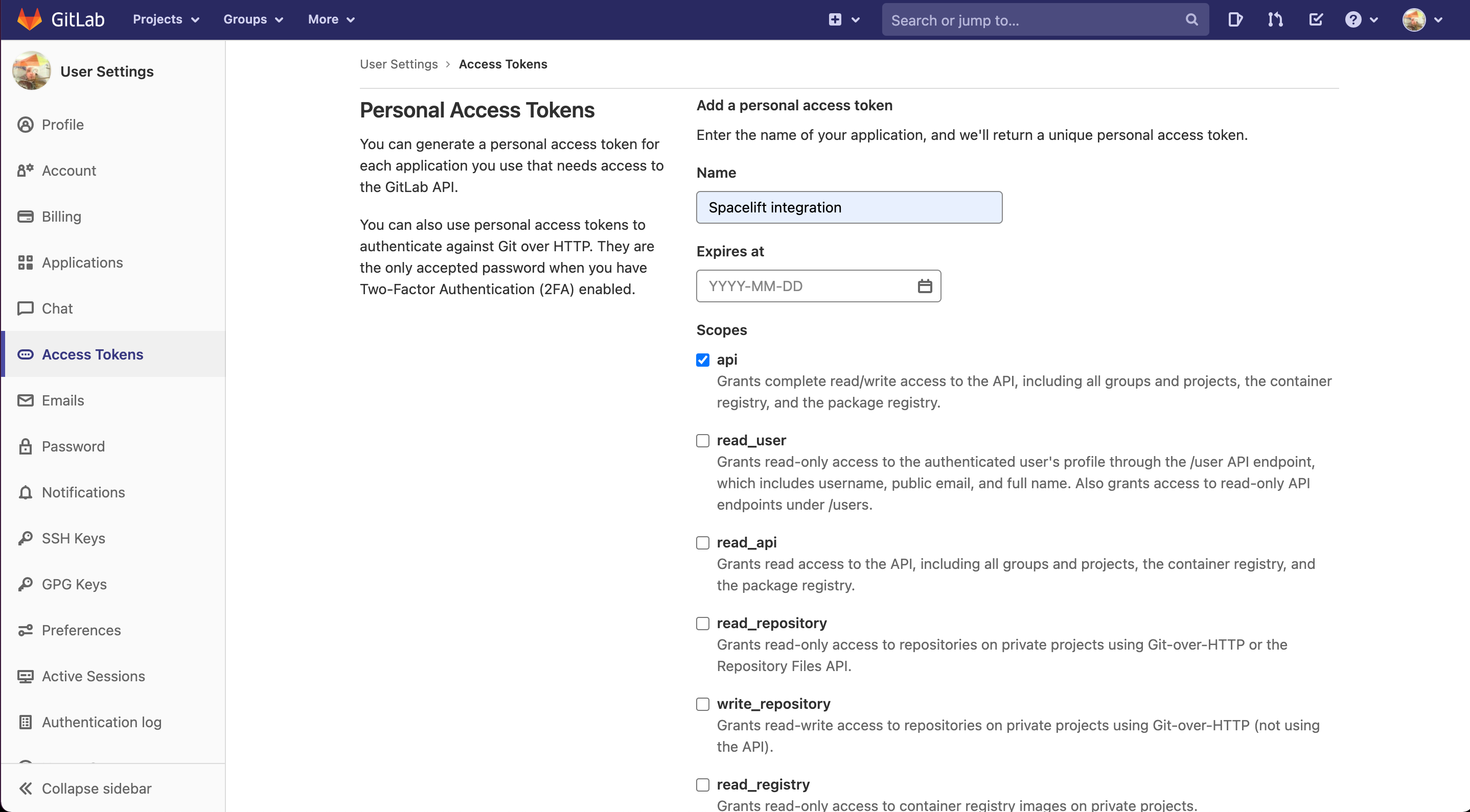 Create a GitLab access token