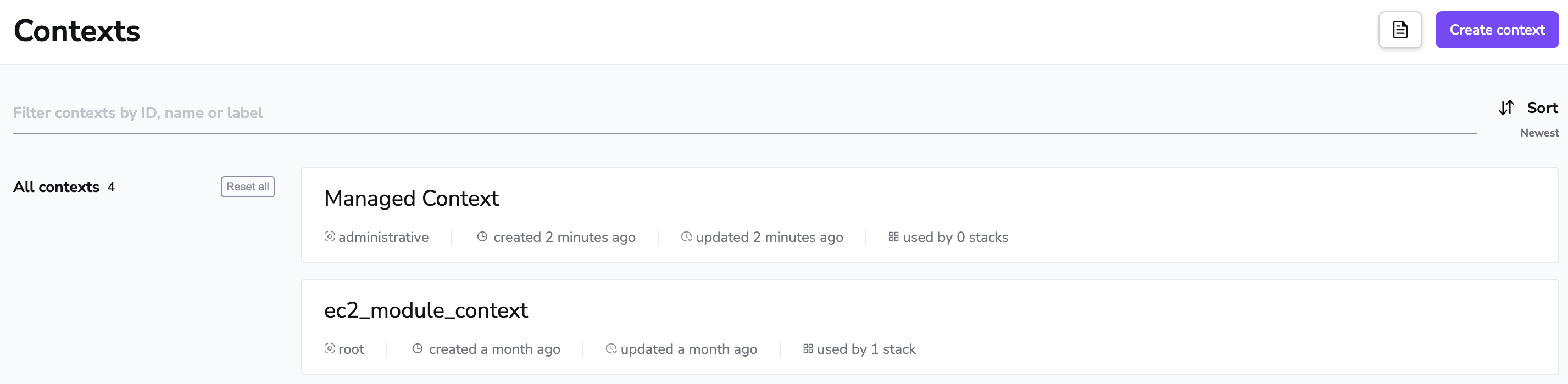 Contexts page