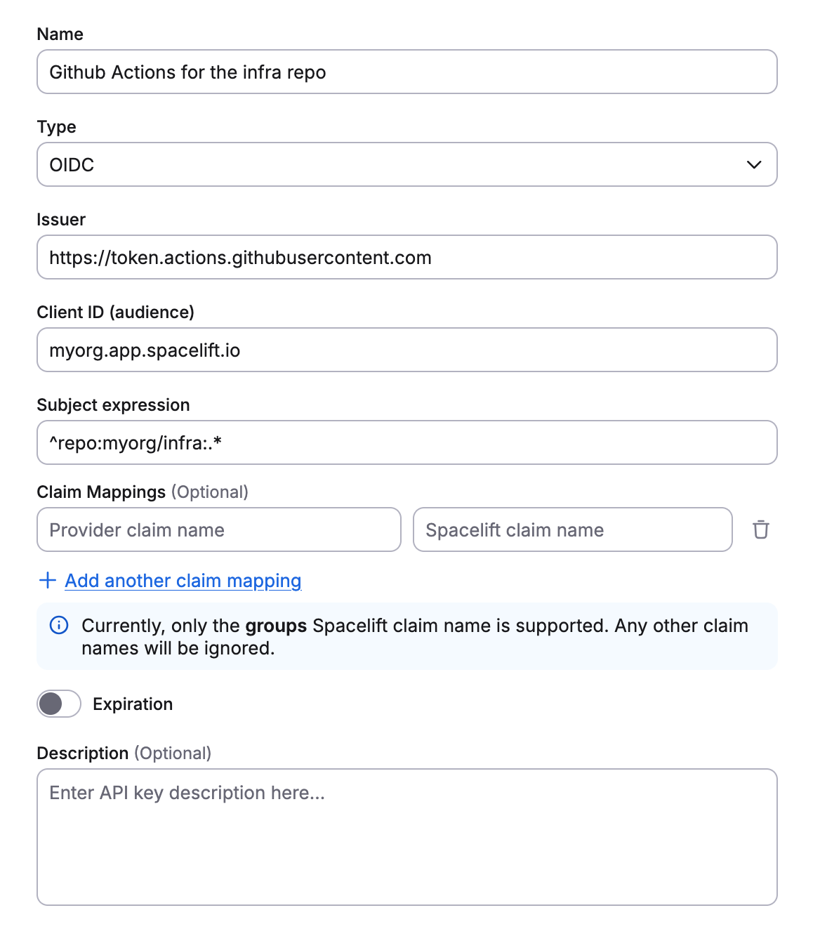 Fill in API key details