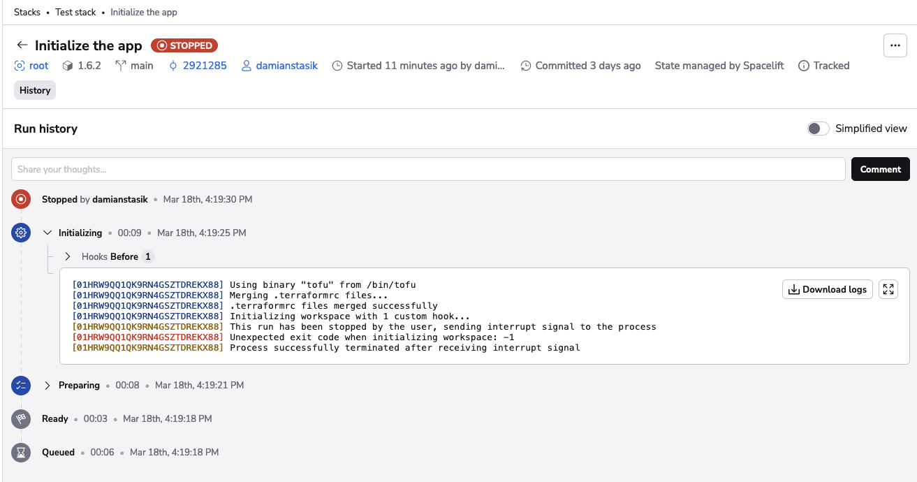 Stopped run example