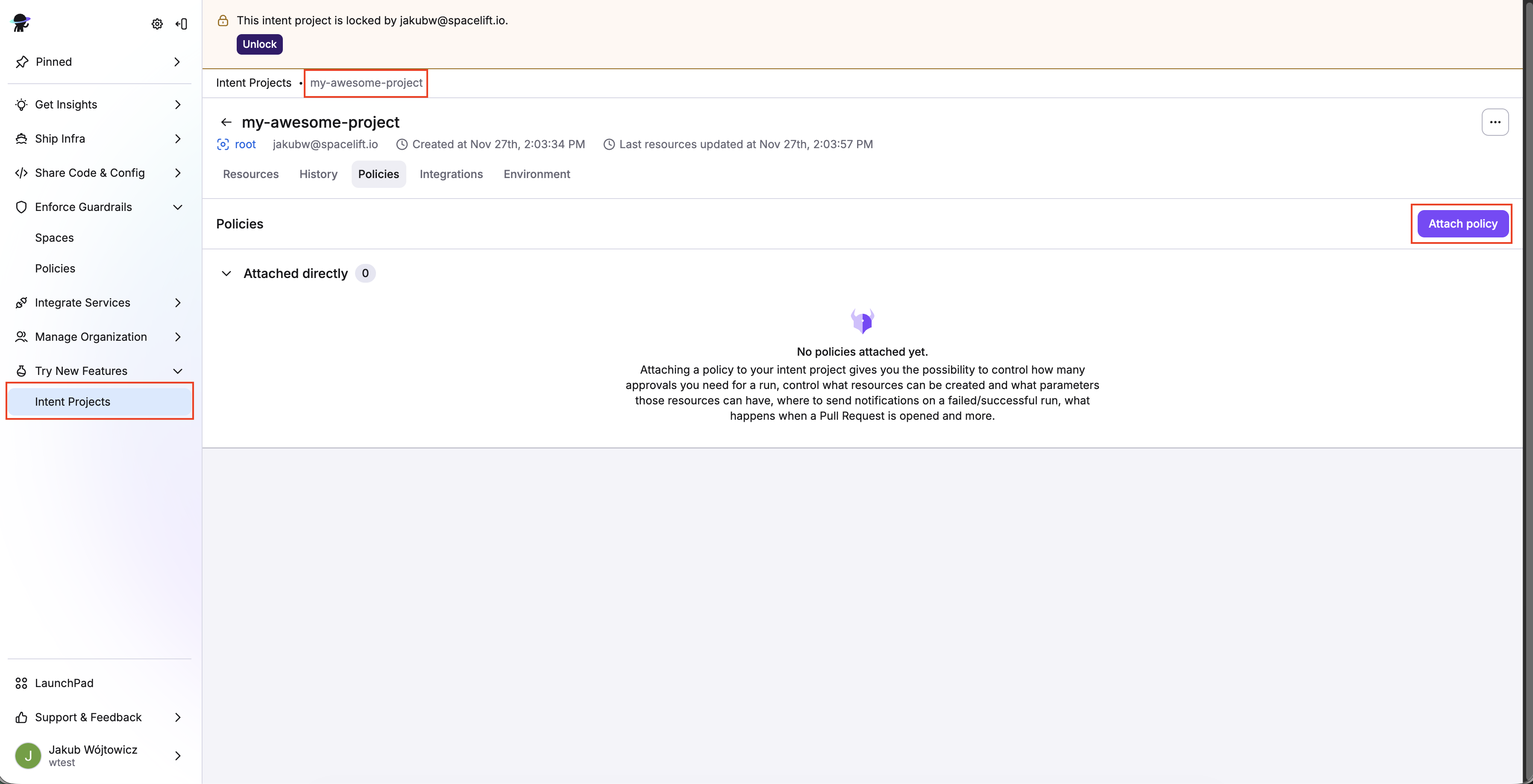 Attaching policy to the project