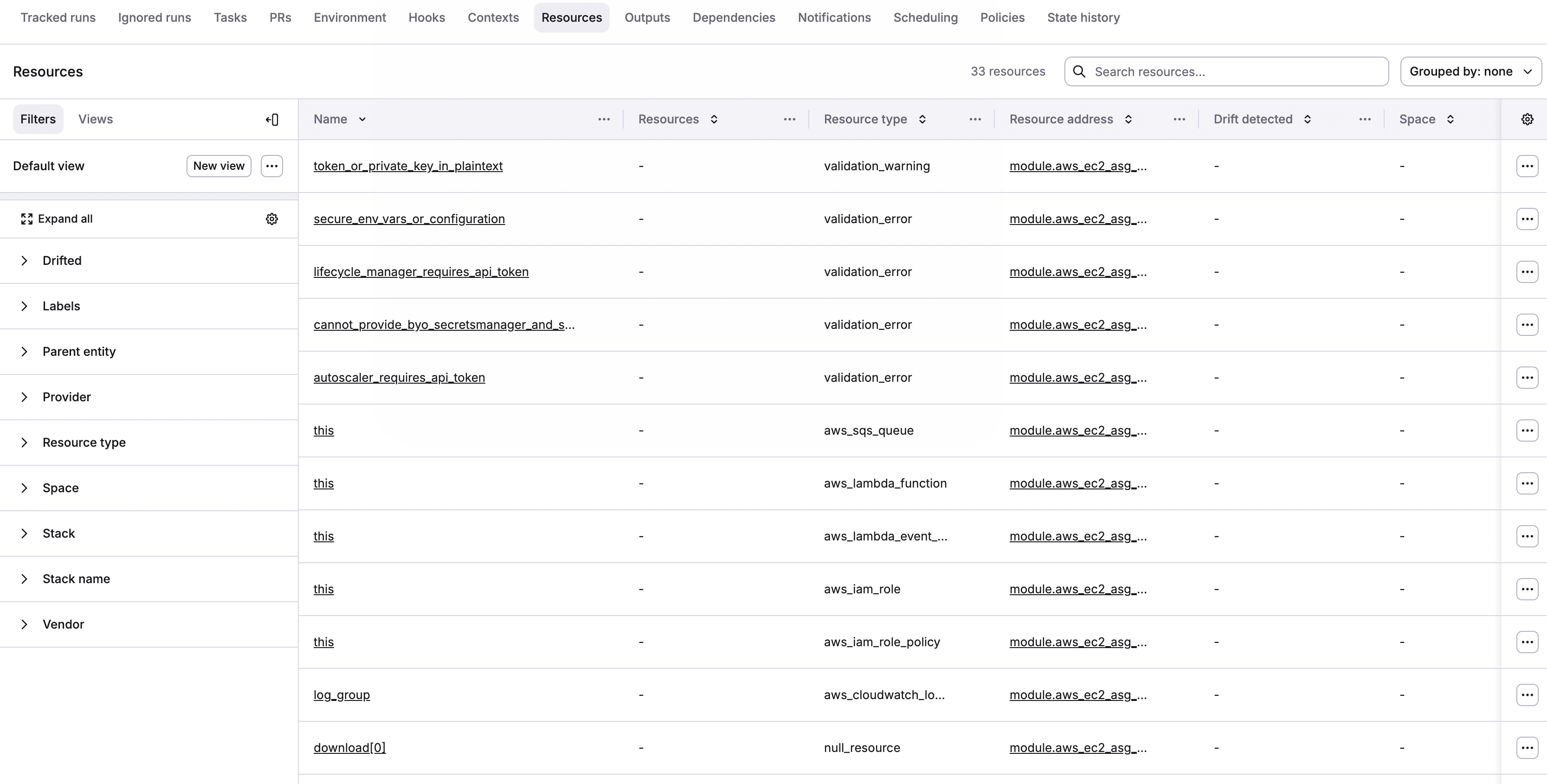 Stack resources view