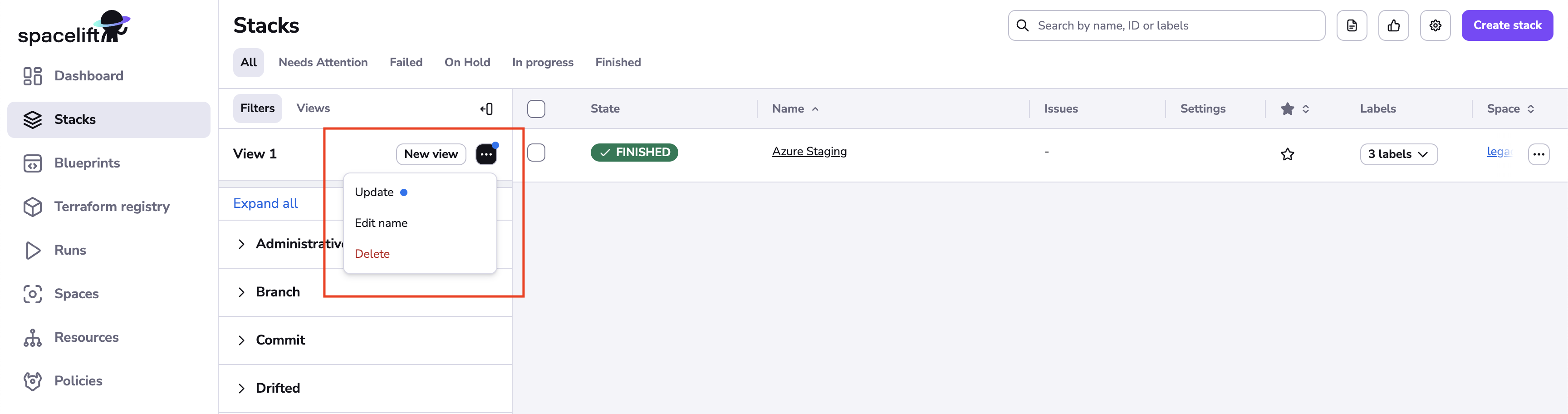 Manage view menu