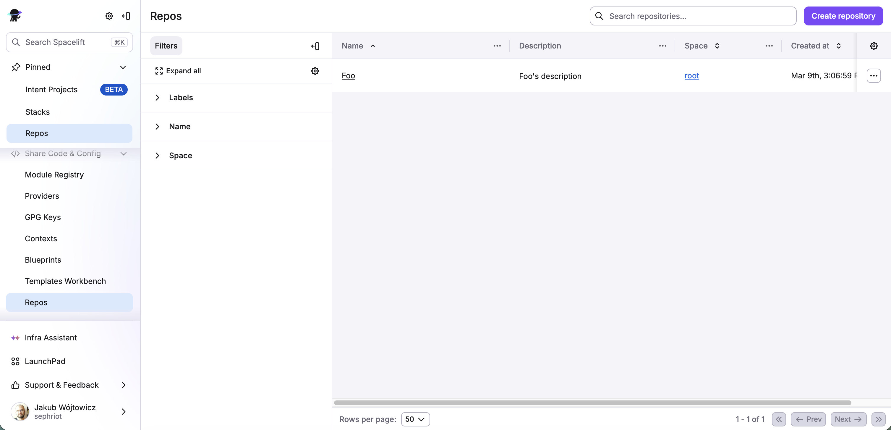 Repos list page