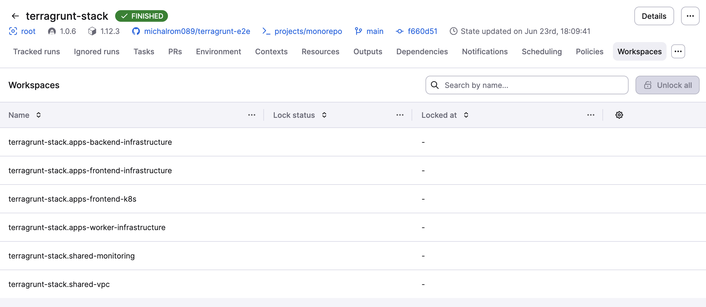 Workspaces tab of a Terragrunt stack