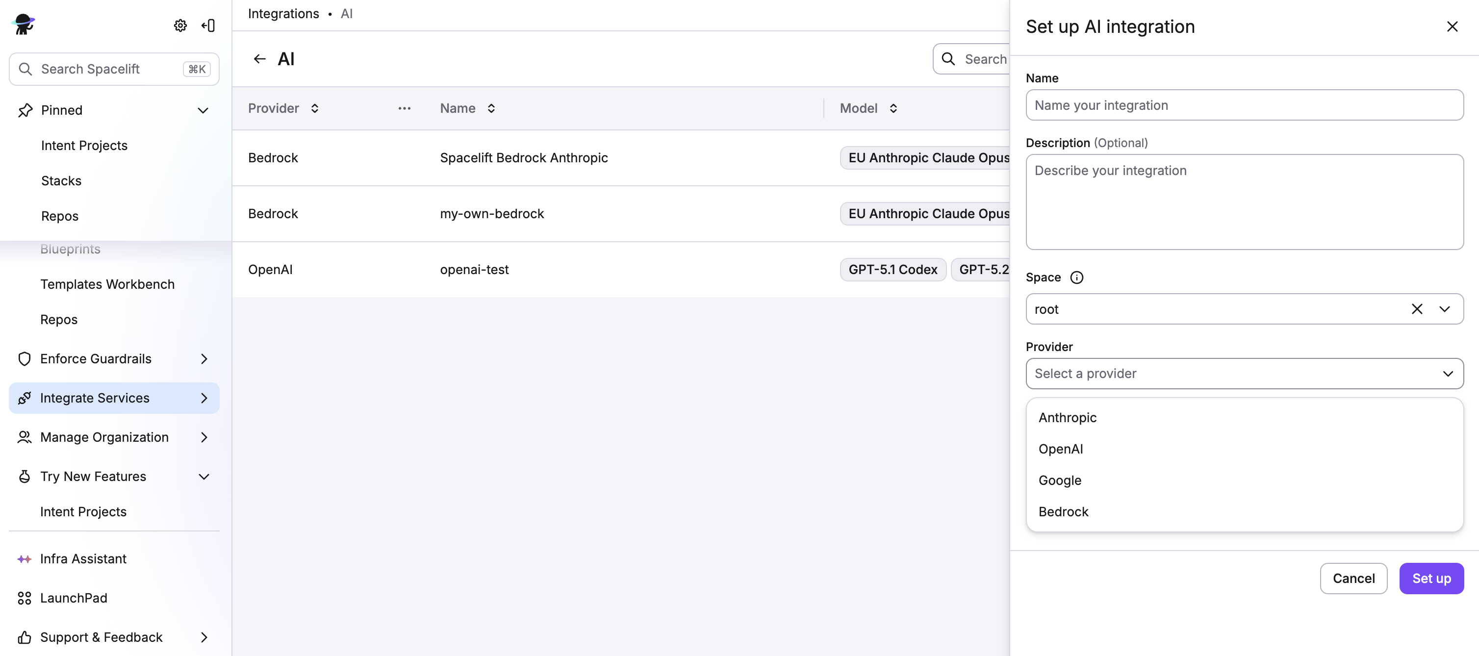 AI integration creation form