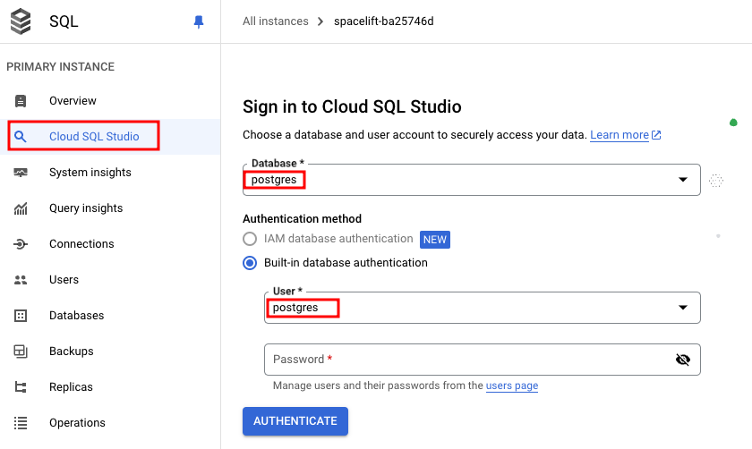 cloud sql studio