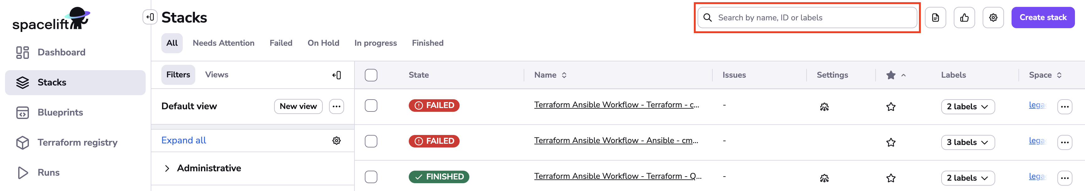 Stacks list search